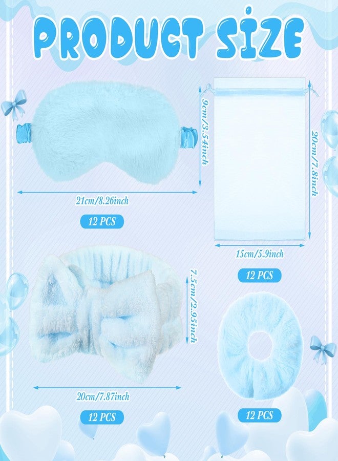 Mimorou 48 Pieces Spa Party Supplies 12 Spa Headband 12 Plush Sleep Eye Mask 12 Velvet Scrunchies 12 Organza Bags for Sleepover Slumber Party Favors Valentine Galentine Gift(Blue) - Image 2